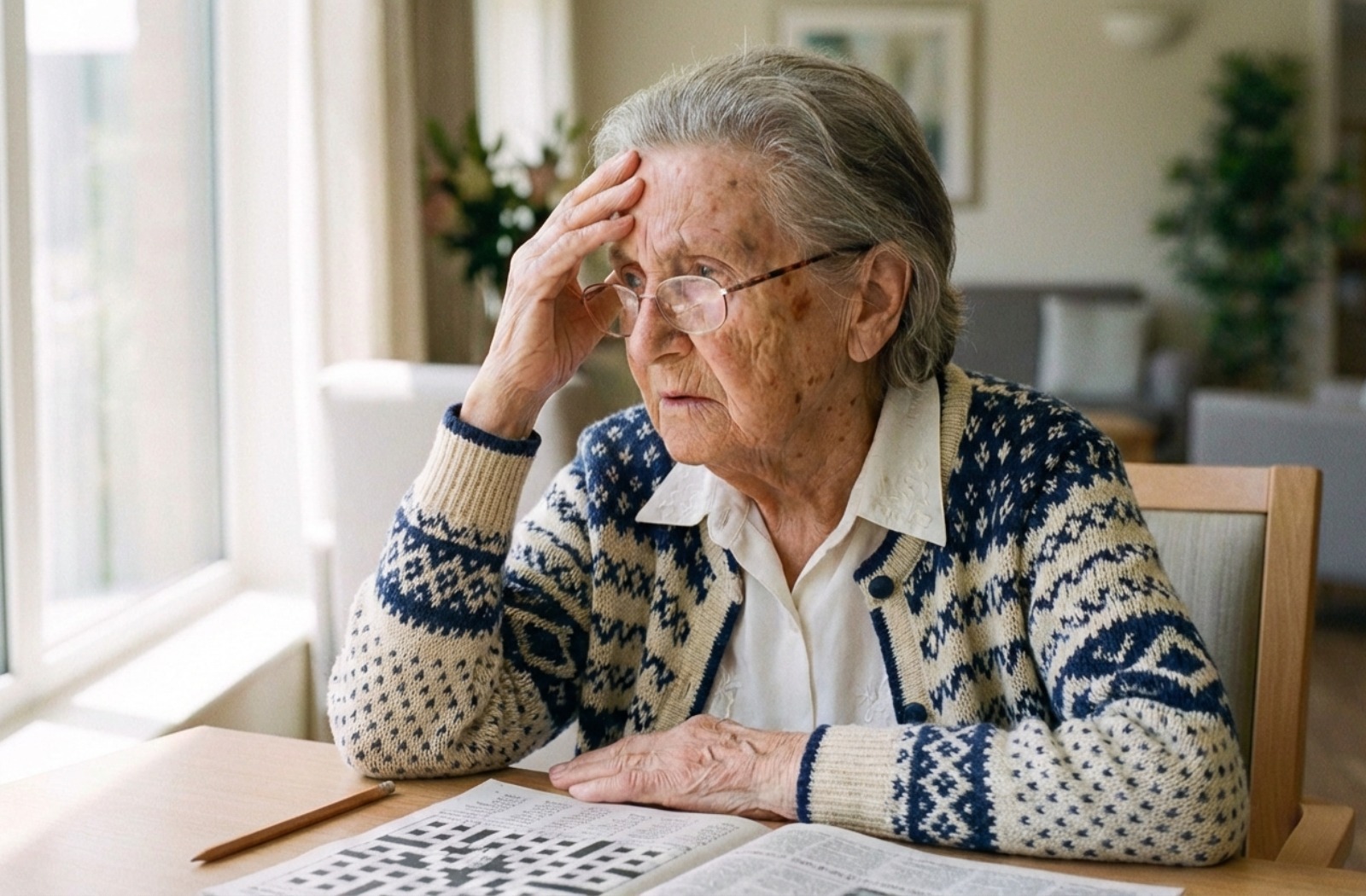 Close-up of an elegant older adult looking frustrated and pensive while sitting near a window with a crossword puzzle.