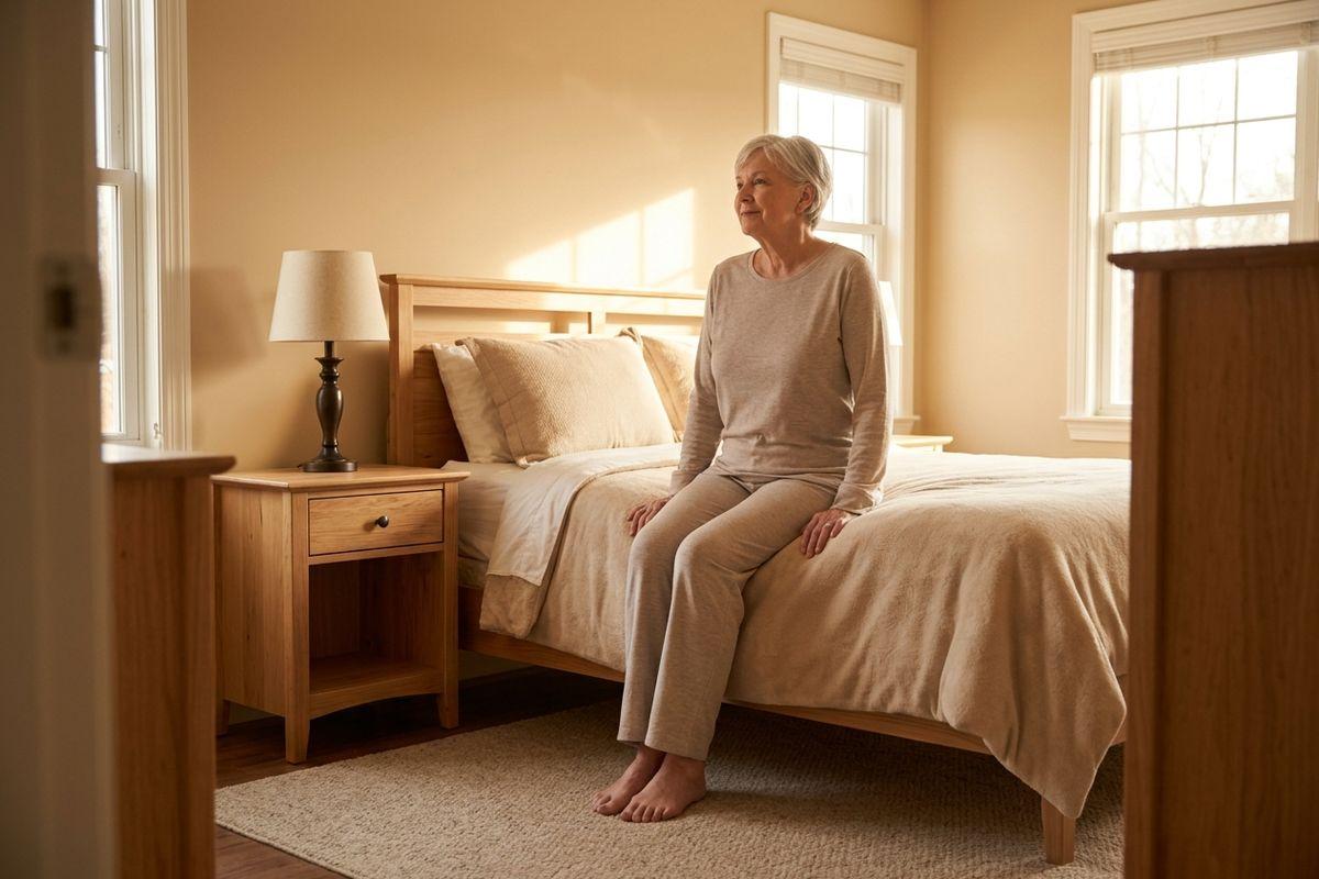 Older adult sitting on the edge of a bed in a sunlit bedroom, looking toward the window.