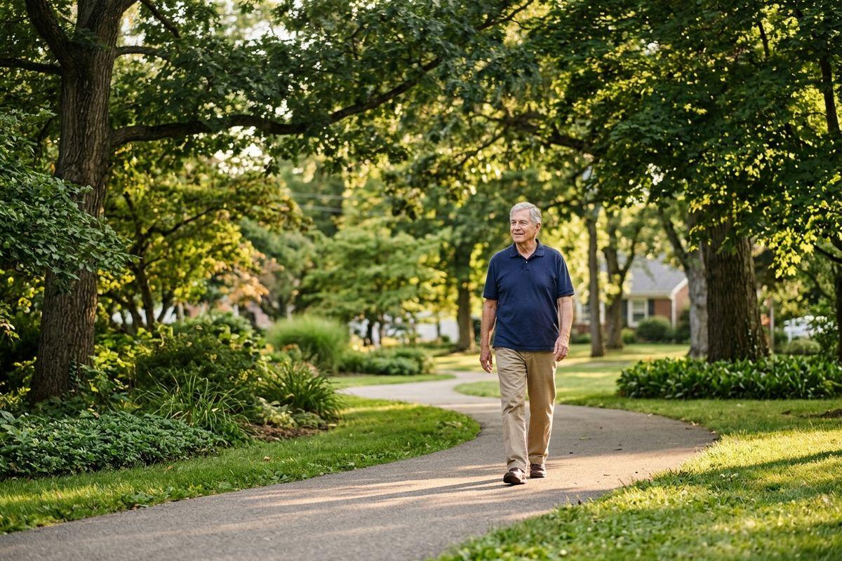 Older adult in a navy polo and khakis walking along a winding tree-lined park path on a sunny day.
