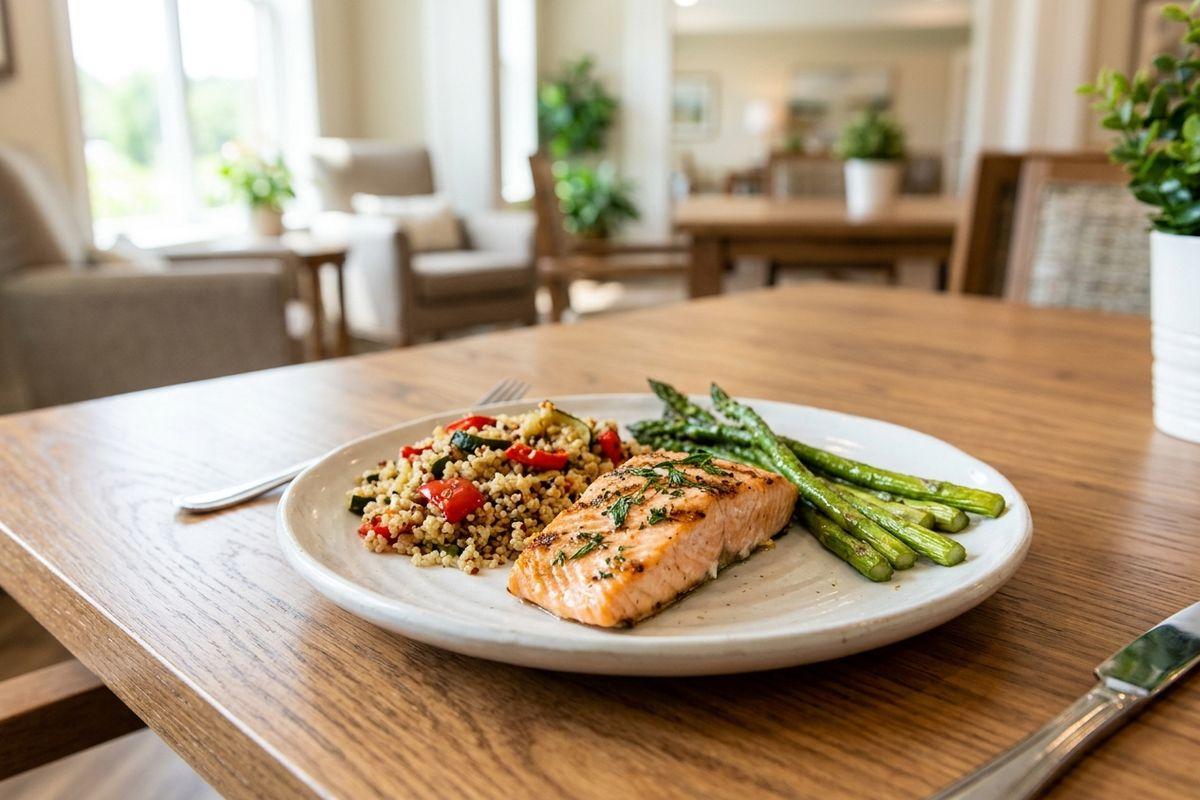 A piece of grilled salmon sits on a plate with asparagus and quinoa salad on the side.